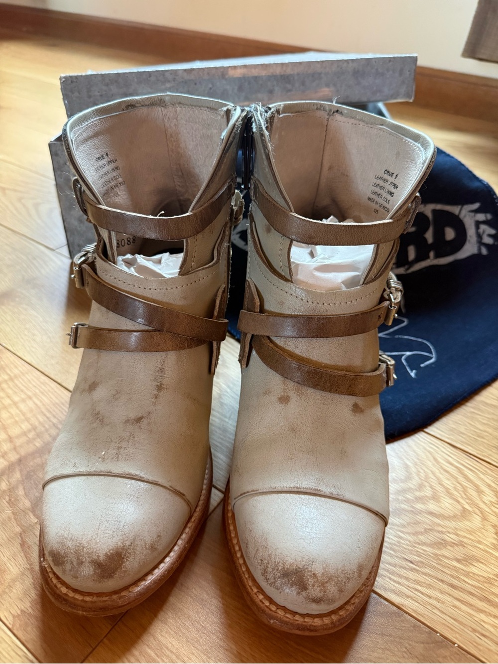 Freebird CRUE Strappy Ice Cream Leather Ankle Boots with Tan Strap Accents - Picture 3 of 14